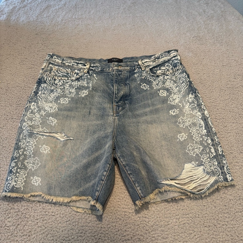 AMIRI - Straight-Leg Paisley-Print Distressed Denim Shorts - Blue Size 40 NWOT